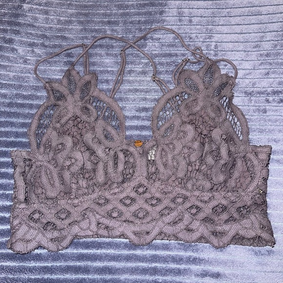 Free People Adella Crochet Lace Plunge Neck Bralette in Dark Grey - Size Small - Picture 5 of 7